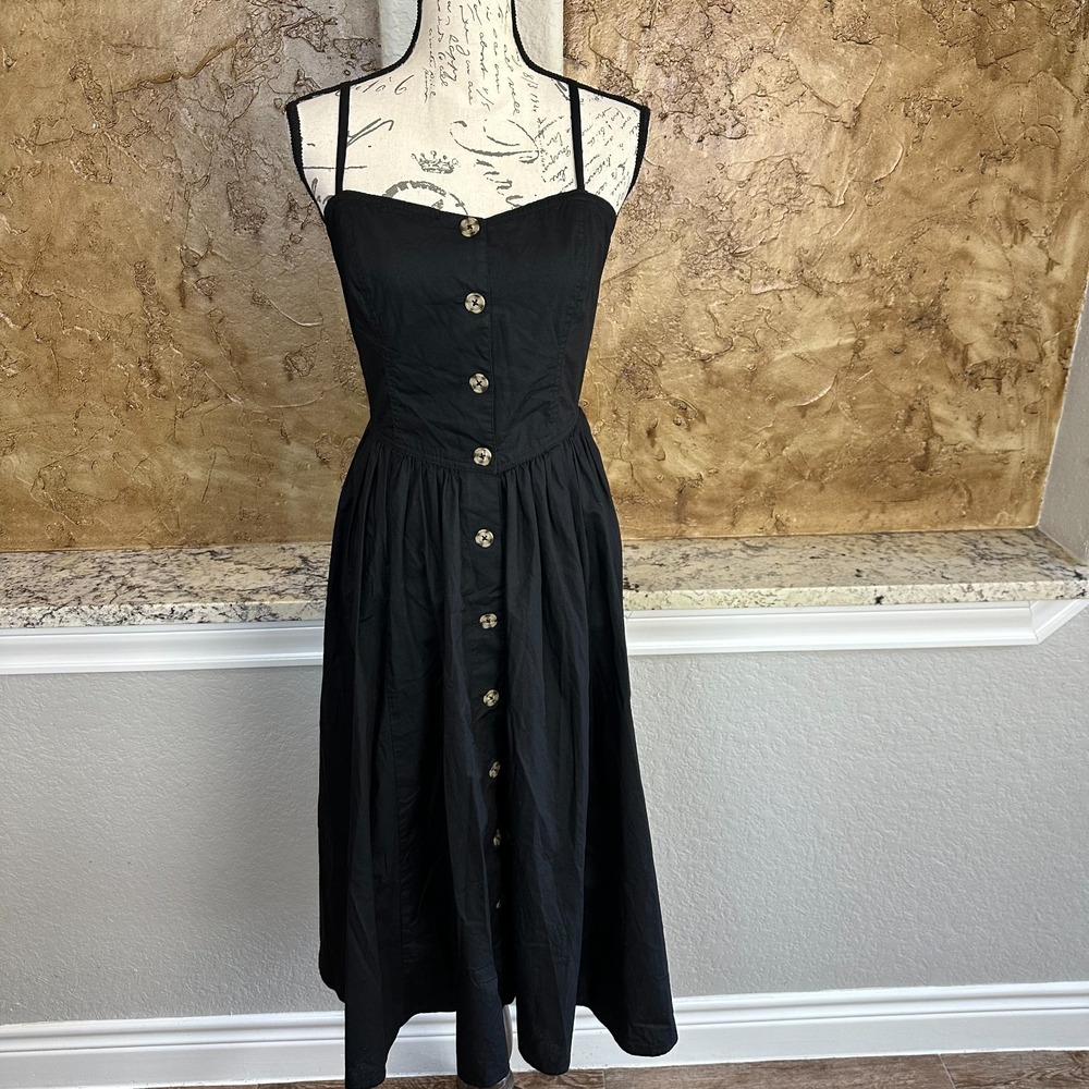 FP Perfect Peach Poplin Dress Womens Large Midi Button Front Black